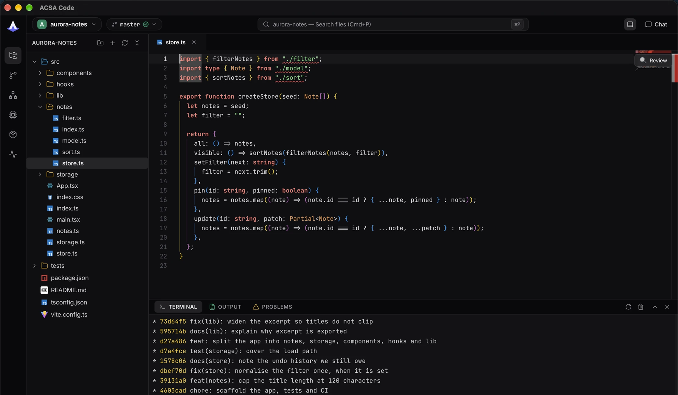 The editor with store.ts open, the file tree beside it, and a real git log in the terminal below.
