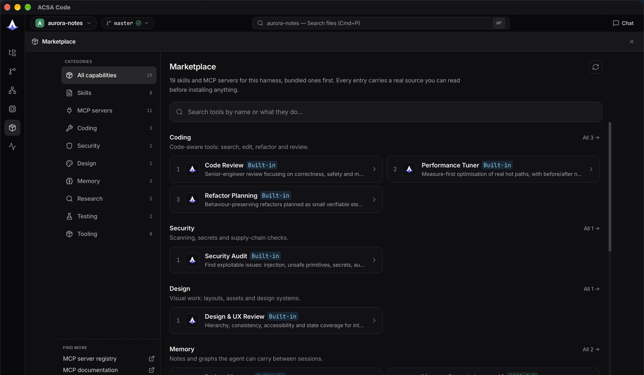 The Marketplace: 19 skills and MCP servers, grouped by category, each showing whether it is built-in, official or community.