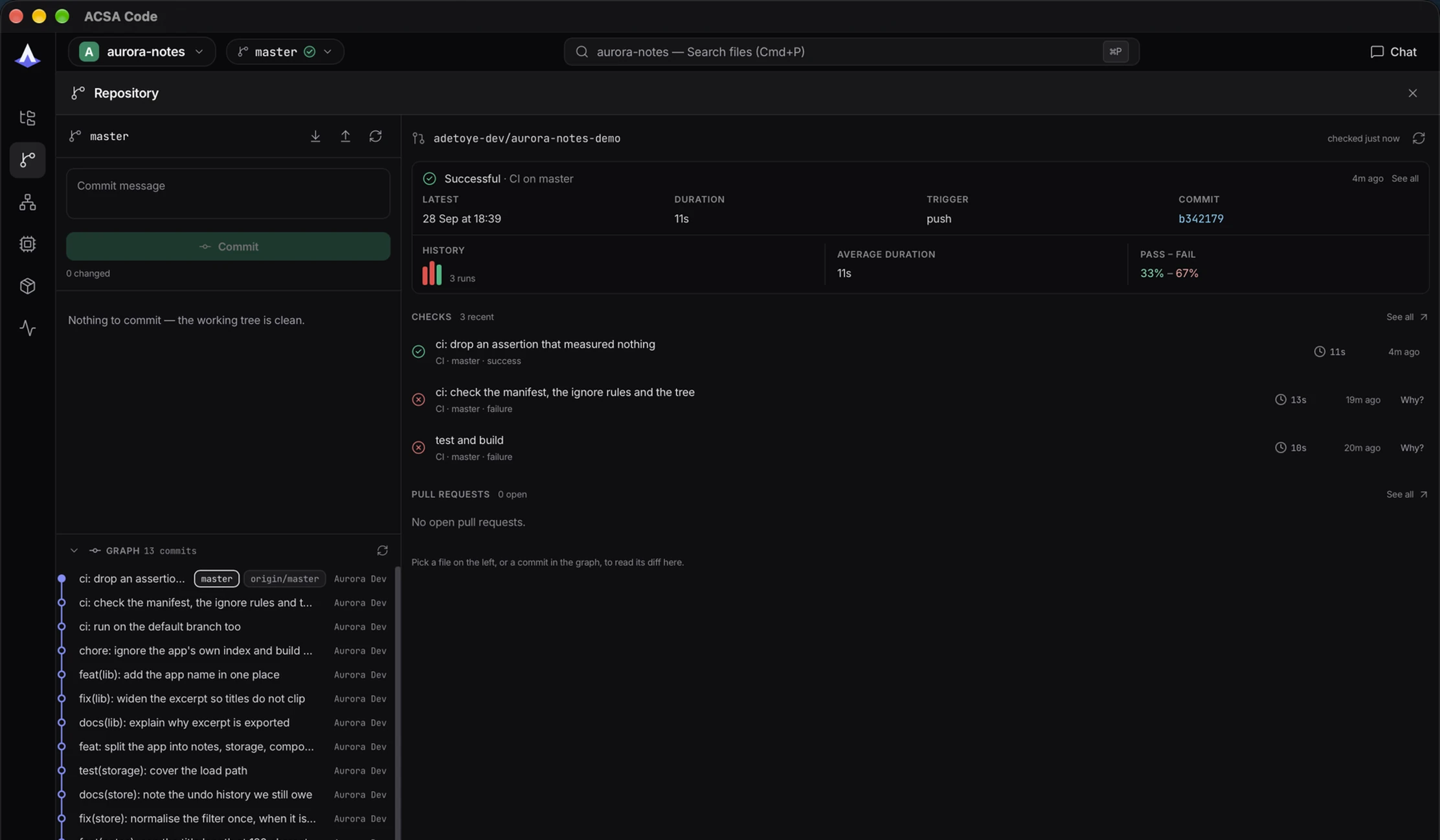 The Repository screen: a clean working tree, the commit box, thirteen commits in the graph, and the latest CI run with its duration, trigger and the three-run history.